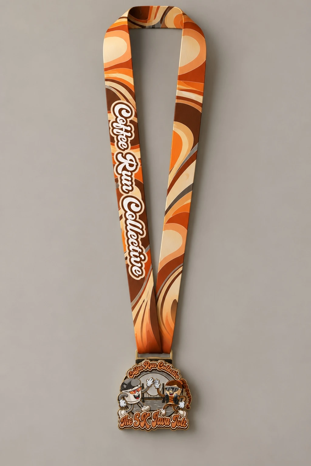 Java Jolt 5K medal and its complete Coffee Run Collective ribbon